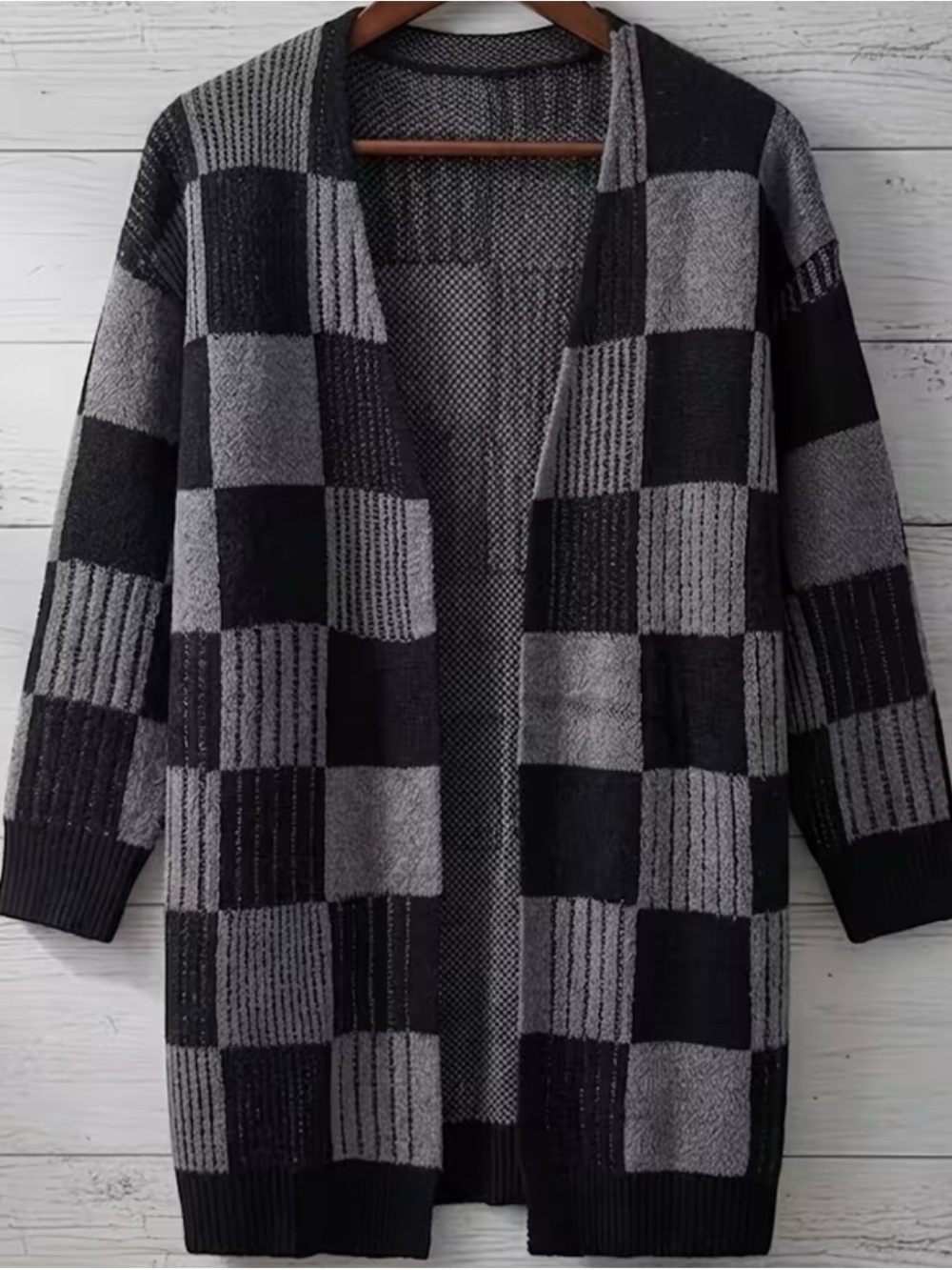 SHEIN Black and Gray Checkerboard Open-Front Cardigan
